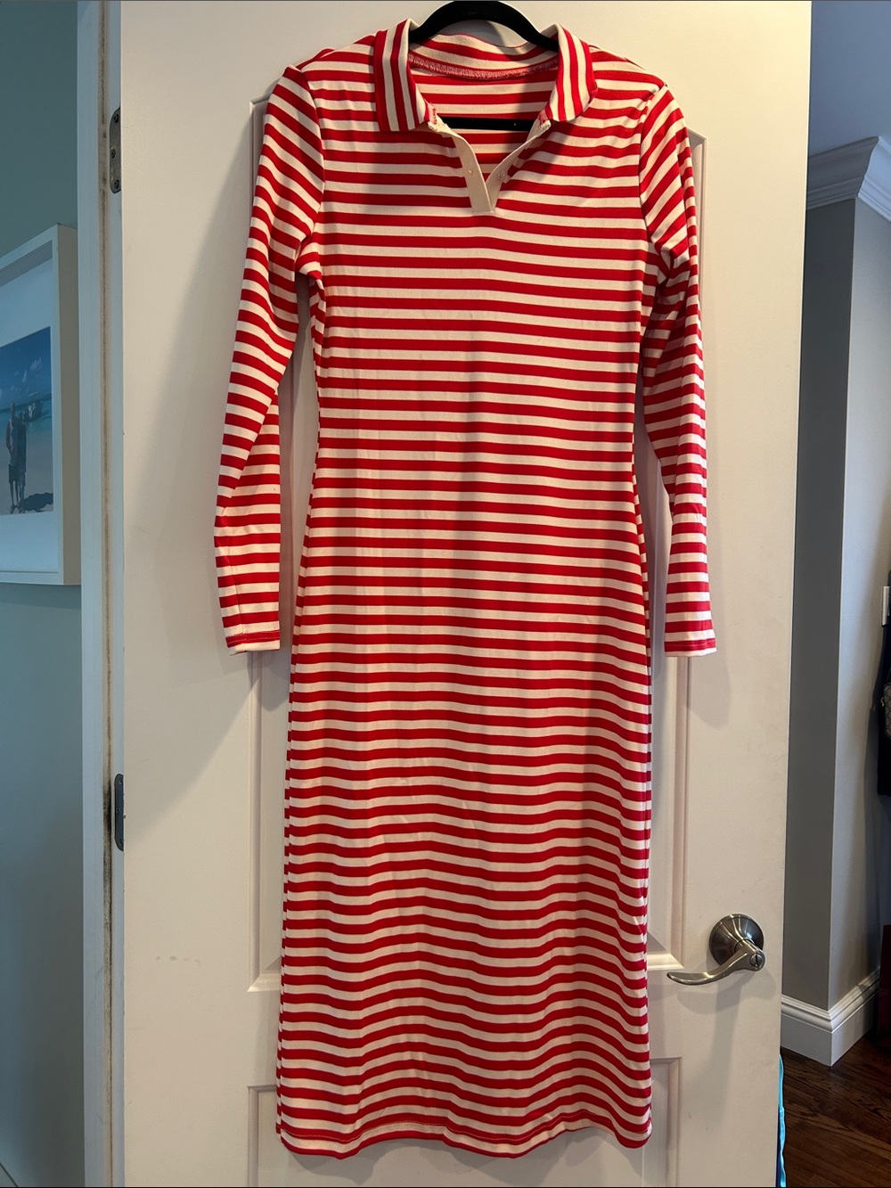 SHEIN Red and White Striped Polo-Style Long Sleeve Dress